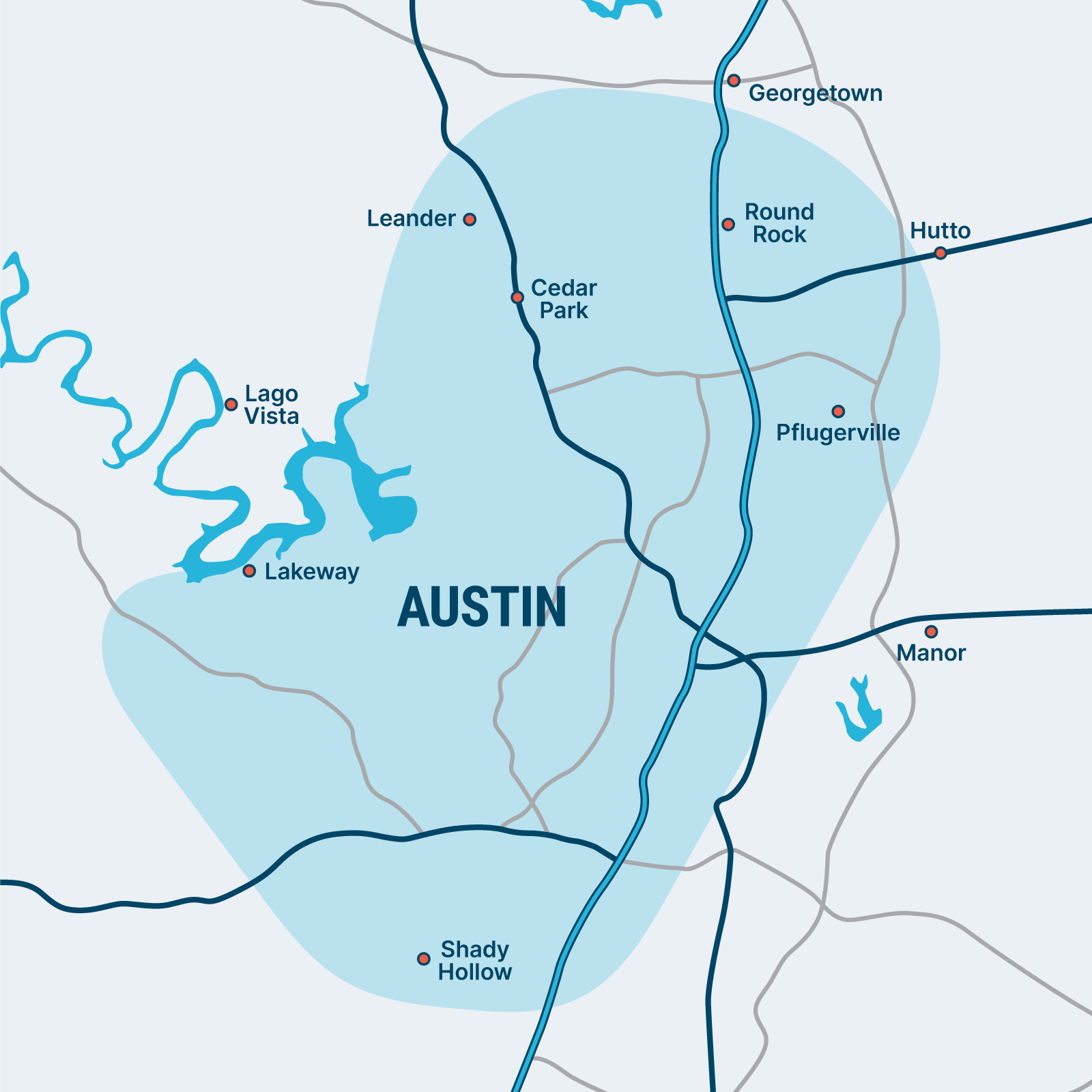 Austin area service map for Reliable Pool Care